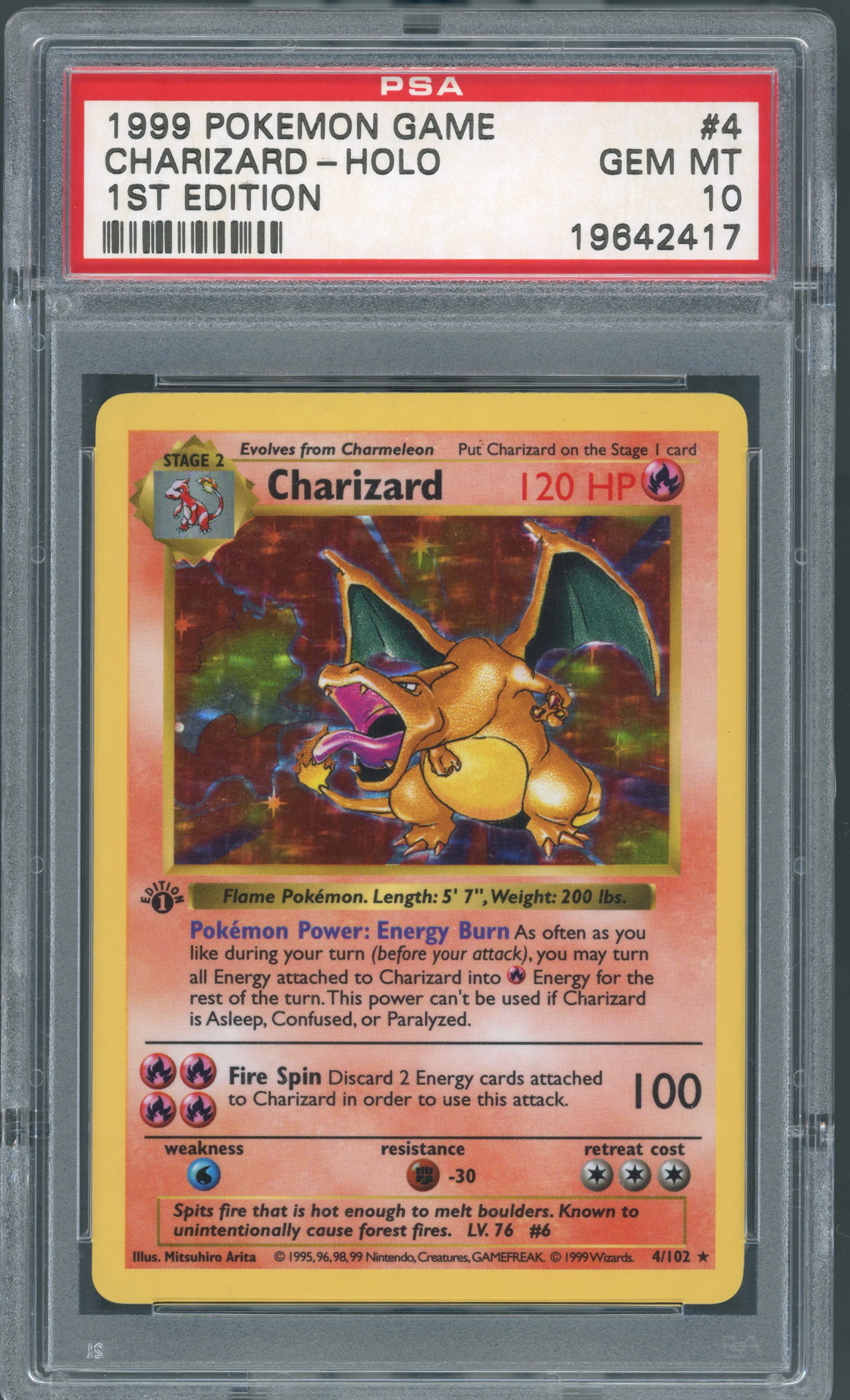 1999 Charizard 1st Edition Base Set, graded PSA GEM-MT 10