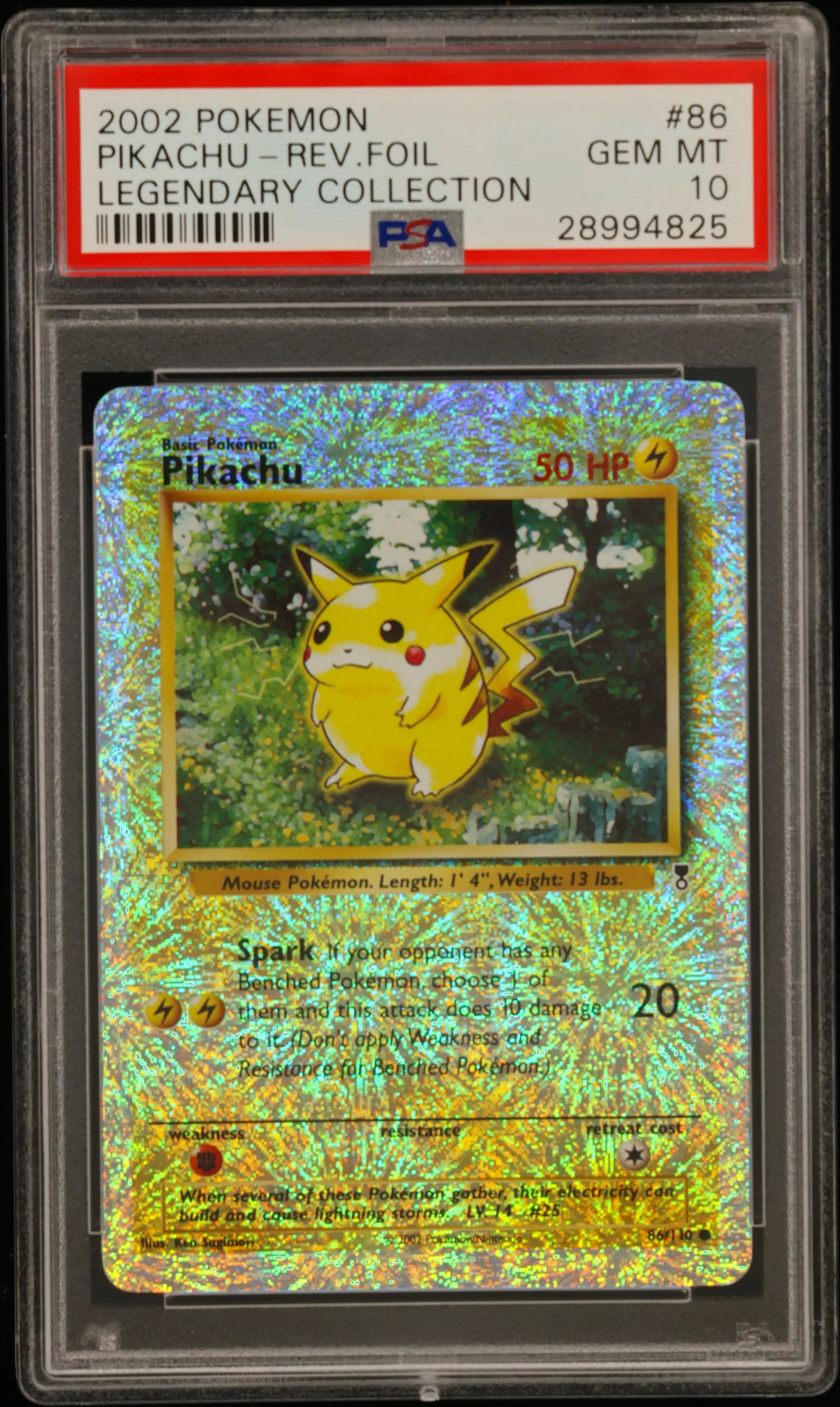 2002 Pikachu Reverse Foil Legendary Collection, graded PSA GEM-MT 10